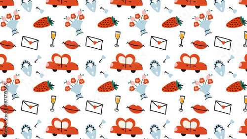 Seamless Valentine’s Day pattern in retro cartoon style. Repeating elements of hearts, Cupid, love car, keys, roses, bouquets, love letters, coupons and lips. Romantic decorative background.