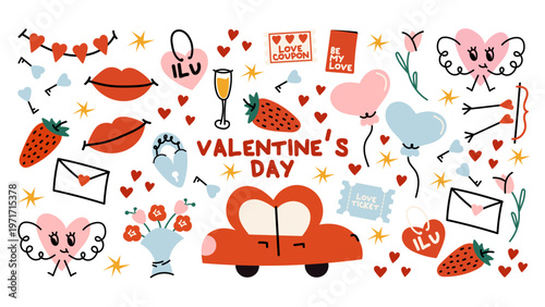 Valentine’s Day sticker set in retro cartoon style. Hearts, Cupid, love car, keys, roses, bouquets, love letters, coupons and lips. Cute romantic illustration pack for digital stickers