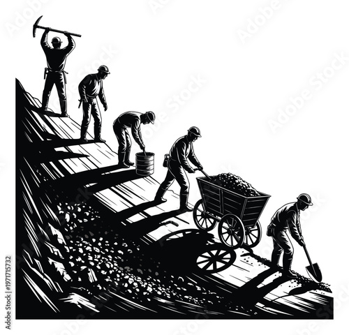 Miners working in sequence, from digging to hauling coal