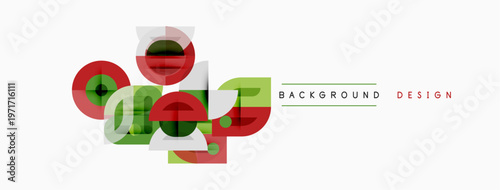 Abstract geometric shapes overlap, creating dynamic visual composition. Red, green, gray tones dominate design. Minimalist style.