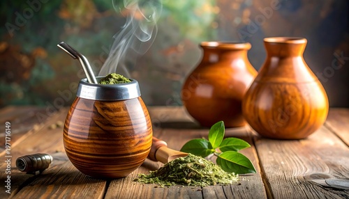 Traditional Yerba Mate Drink with Wooden Gourds and Accessories.