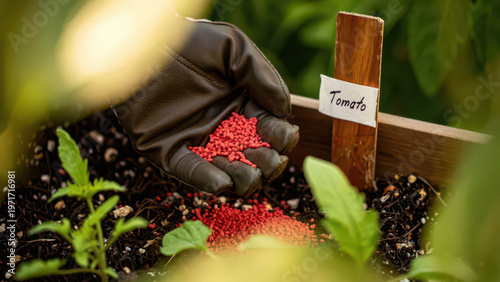 Gloved hand scattering red fertilizer granules over garden bed soil, labeled tomato stake in vegetable bed, nutrient pellets for plant growth, gardener tending seedlings, soil enrichment care