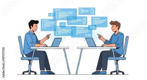 Two businessmen discussing ideas on laptops at a table