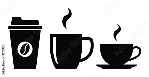 Black Silhouette of Coffee Cups and To-Go Cup with Steam