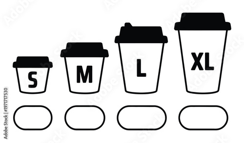 Coffee cup sizes: Small, Medium, Large, and Extra Large with blank placeholders