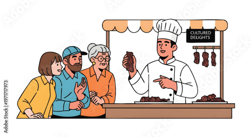 People buying meat from a butcher at a market stall