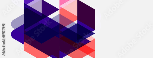 Abstract geometric shapes overlap, creating vibrant color blocks. Composition features purple, pink, blue hues on white background.