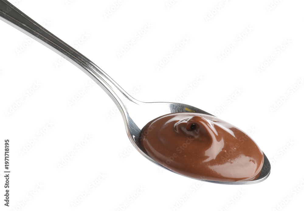 Fototapeta premium Spoon with yummy chocolate paste isolated on white
