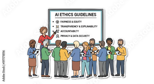 Diverse group discussing AI ethics guidelines presentation