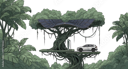 Futuristic treehouse with solar panel and car in jungle