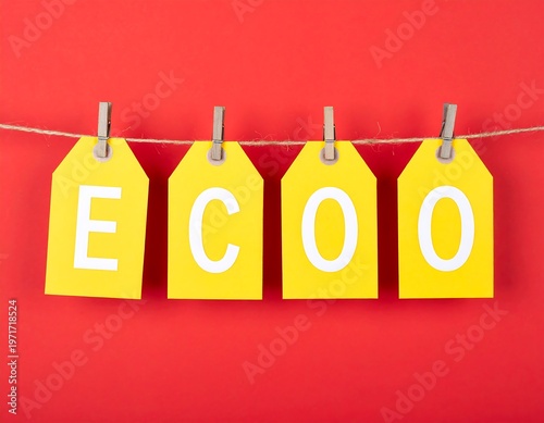 Eco-Friendly Concept - Yellow Tags Spelling Out ECOO on Red Background.