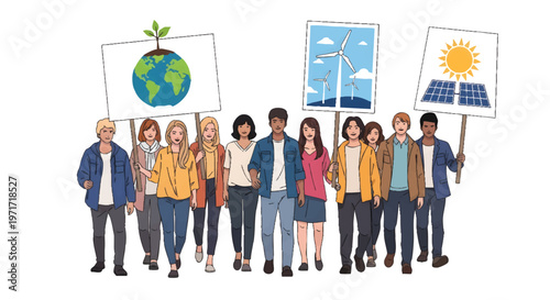 Diverse group of people holding eco friendly protest signs