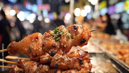 Delicious Grilled Chicken Skewers at a Vibrant Night Market.
