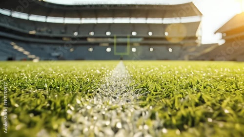Close up of American football field grass with stadium in background.