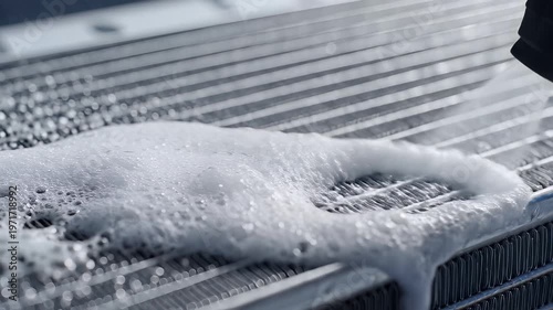 Car Radiator Cleaning Process with Foam and Water Spray.