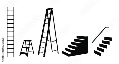 Black silhouettes of various climbing tools ladders steps and a staircase
