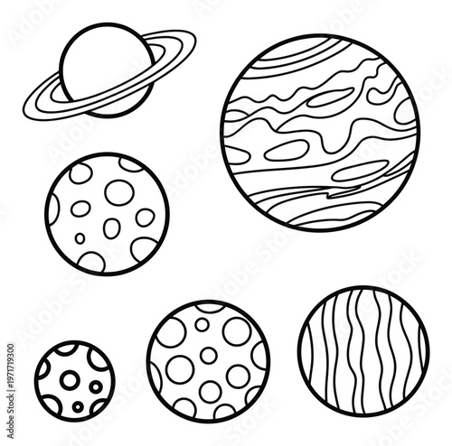 Simple black and white illustration depicting various planets and celestial bodies