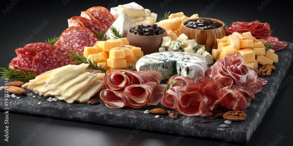 Fototapeta premium Gourmet Cheese and Deli Meat Platter for Party Catering and Picnic