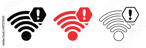 Three wifi signal icons with exclamation points in varying colors and styles