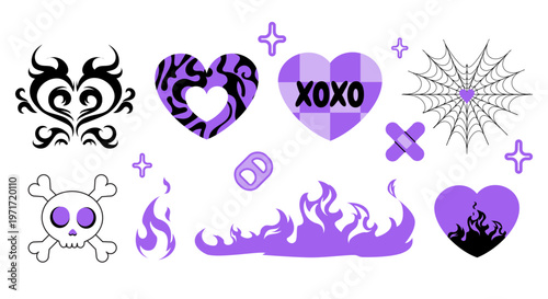 A set of gothic hearts, flames, skull, tribal shapes and spiderweb in bold graphic style on white background, expressing edgy romantic concept. Hand-drawn vector illustration