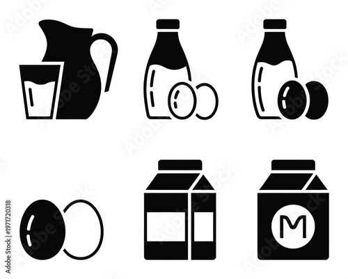 Black silhouette icons depicting common breakfast and dairy food items