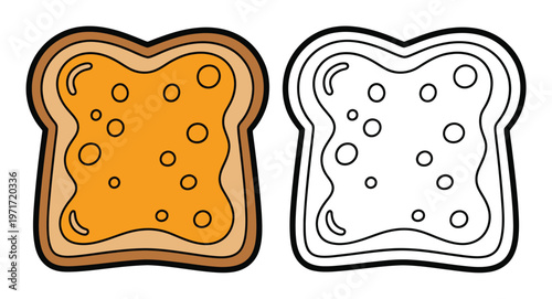 Two slices of toast one colored and one outlined for coloring