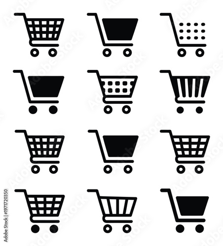 Collection of black shopping cart icons with varying designs and details
