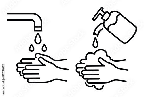 Line drawing depicts handwashing with a faucet and soap dispenser