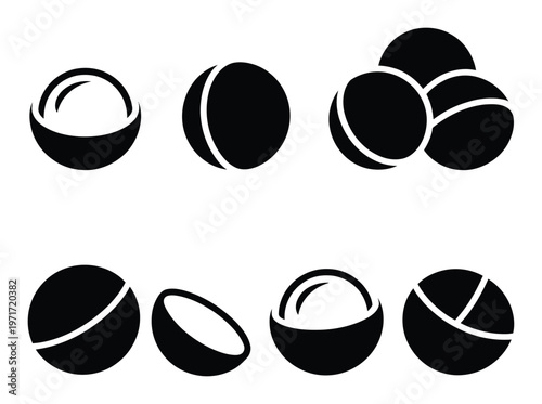 Black and white illustration of cracked and whole spherical objects