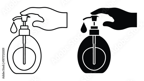 Two soap dispenser icons one outlined one filled in black