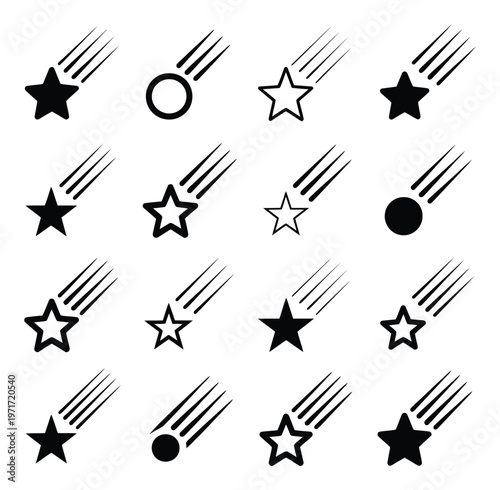 Black and white shooting stars and circles on a white background
