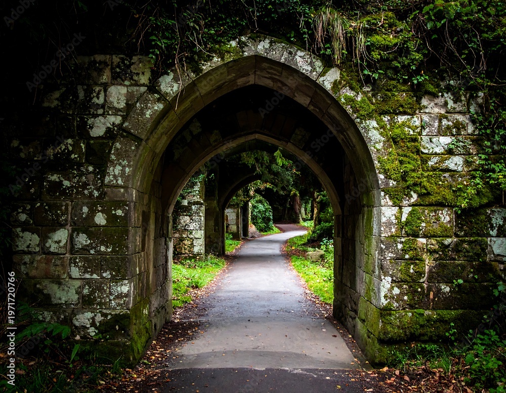 Obraz premium Stone Archway Leading to a Serene Pathway in Nature.