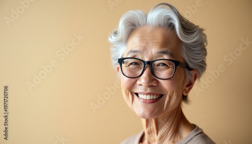 Smiling elderly woman with glasses and copy space