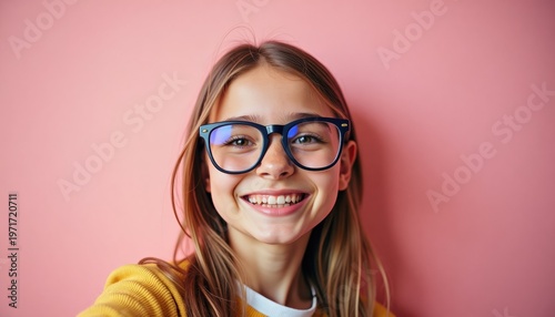 Smiling young woman with glasses against pink background with copy space