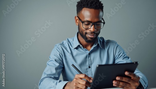 Confident businessman using digital tablet with copy space