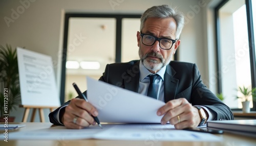 Serious businessman reviewing documents in modern office with copy space