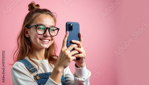 Happy young woman taking selfie with smartphone and copy space