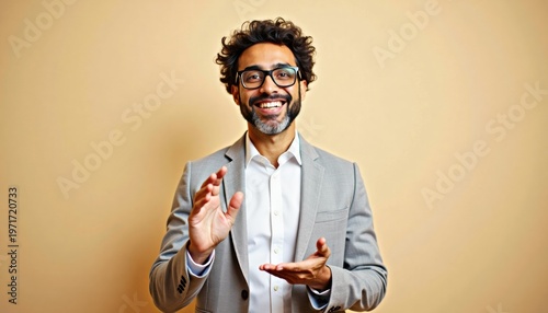 Happy businessman smiling with copy space for text on beige background