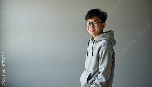 Smiling young man in hoodie with copy space on gray wall