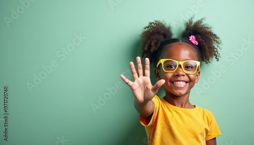 Happy African American Girl Smiling Showing Five Fingers with Copy Space