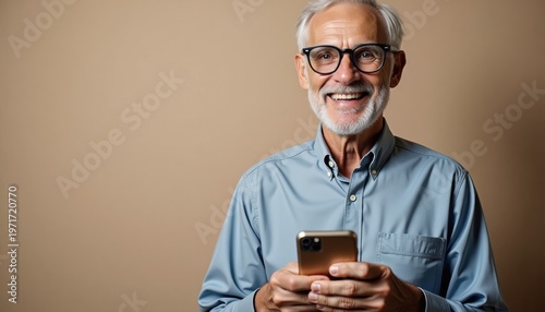 Happy senior man using smartphone with copy space