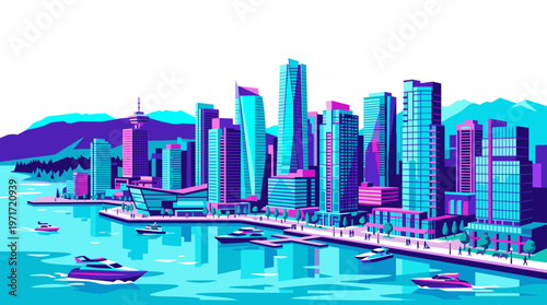 Vibrant illustration of a modern city skyline with sleek skyscrapers and boats on the water.