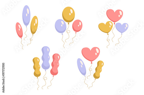 Colorful party balloons in various shapes shown in a flat graphic style on a clean white background, expressing celebration and festive mood. Hand-drawn vector illustration