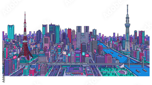 Vibrant pixel art cityscape of Tokyo, Japan, featuring iconic landmarks like Tokyo Tower and Tokyo Skytree, with a river and busy highways.