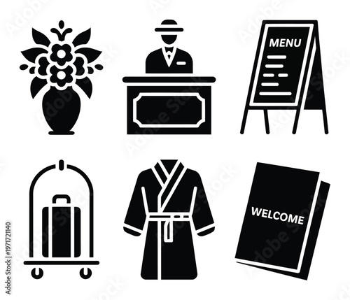 Hotel Service Reception, Luggage, Robe, Menu, Flowers, Welcome