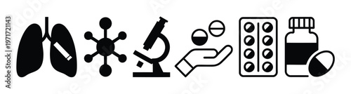 Medical Lungs, Virus, Microscope, Pills, and Medicine Bottle
