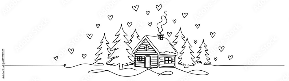 Fototapeta premium Cozy winter log cabin in pine forest with hearts and smoke one line drawing for romantic retreat