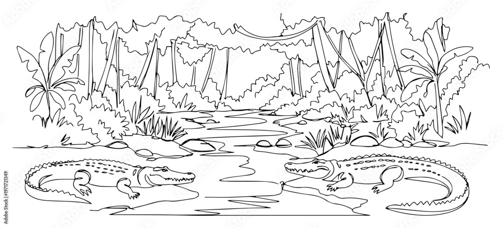Fototapeta premium Crocodiles in tropical jungle river landscape one line drawing vector for wildlife and nature concept