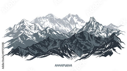 A dramatic, monochromatic illustration of the Annapurna mountain range, showcasing jagged peaks and deep valleys under a stark sky.