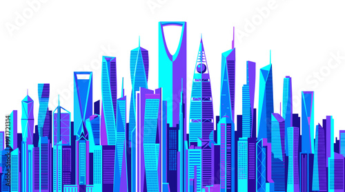 A vibrant, futuristic cityscape illustration featuring a dense collection of modern skyscrapers in shades of blue and purple.